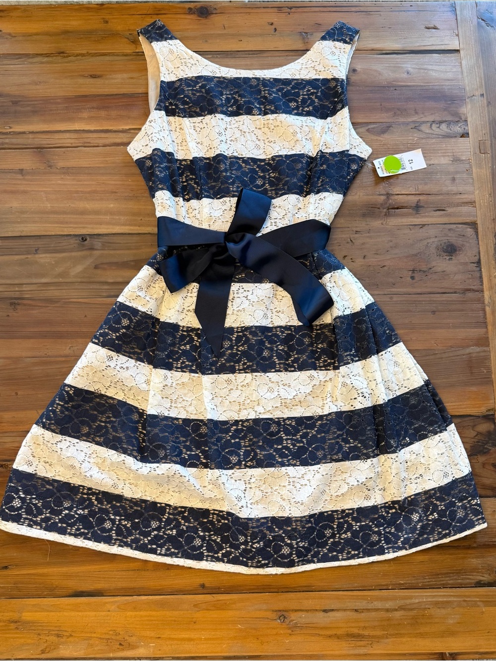 Women’s Navy and White Lace Stripe Sleeveless Dress with Bow NWT Size 12